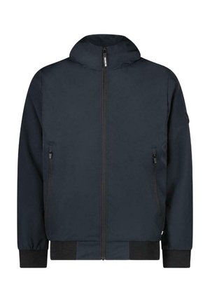 Marine bomberjack met een rits aan de voorkant, capuchon en twee zijzakken met rits. Heeft ribgebreide manchetten en zoom voor een snug fit. Glad stoffentextuur.