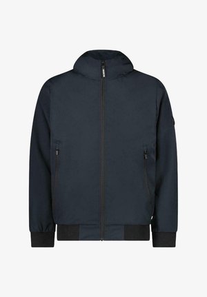 Marine bomberjack met een rits aan de voorkant, capuchon en twee zijzakken met rits. Heeft ribgebreide manchetten en zoom voor een snug fit. Glad stoffentextuur.