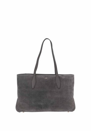 Dunkelgraue Wildleder-Shopper-Tasche mit zwei langen Henkeln und einem kleinen, zentral platzierten Logo auf der Vorderseite.