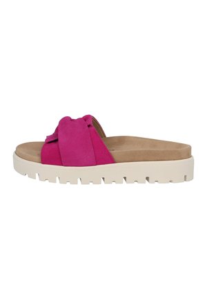 Pink suede slide sandal featuring a knotted design, with a cushioned footbed and a textured cream rubber sole.