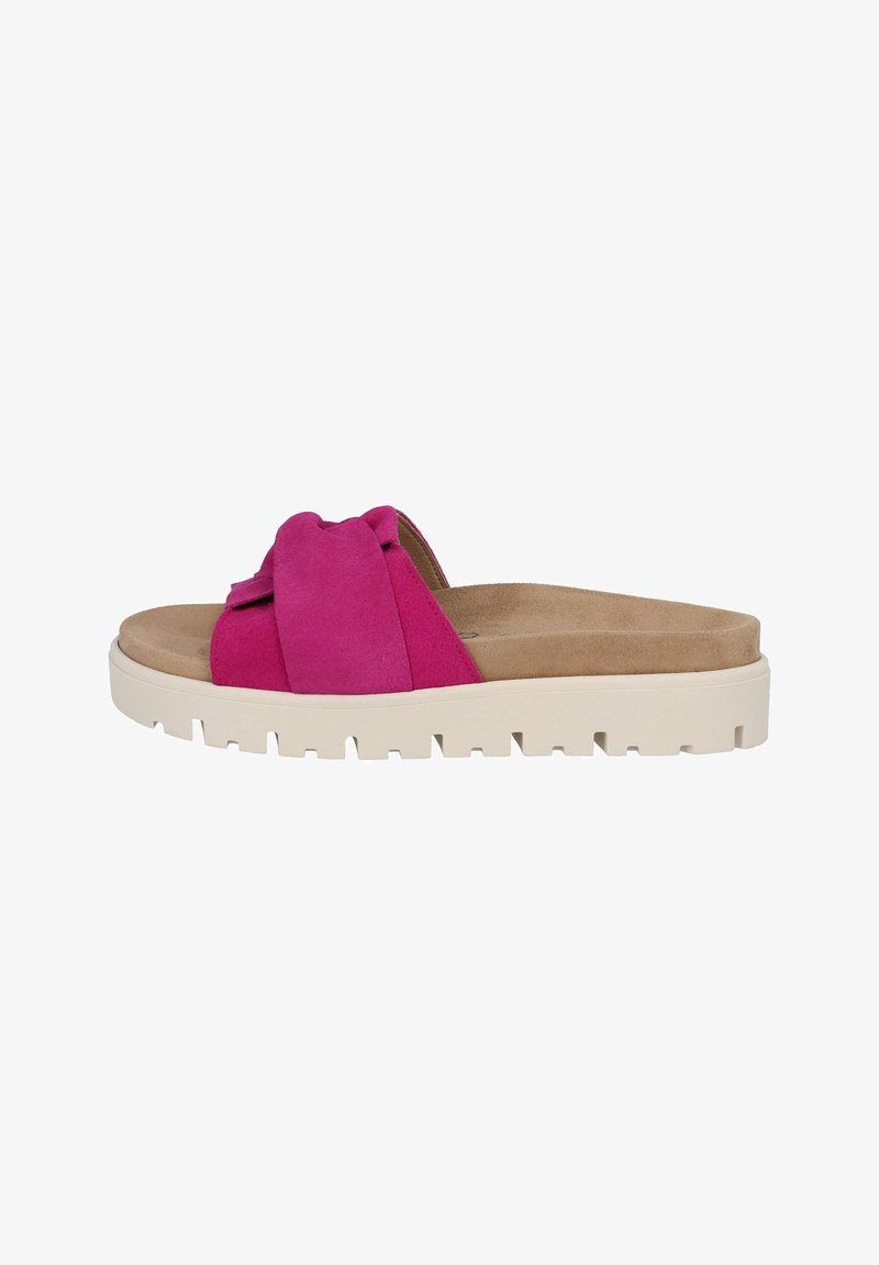 Sandal in suede rosa con un design annodato, dotata di una soletta imbottita e una suola in gomma cremosa texturizzata.