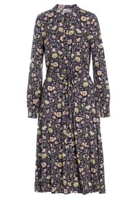 Robe fleurie en tissu violet foncé avec manches longues, patte de boutonnage à l'avant, taille ajustable par un lien, et motifs floraux mélangés en rose, jaune et vert.