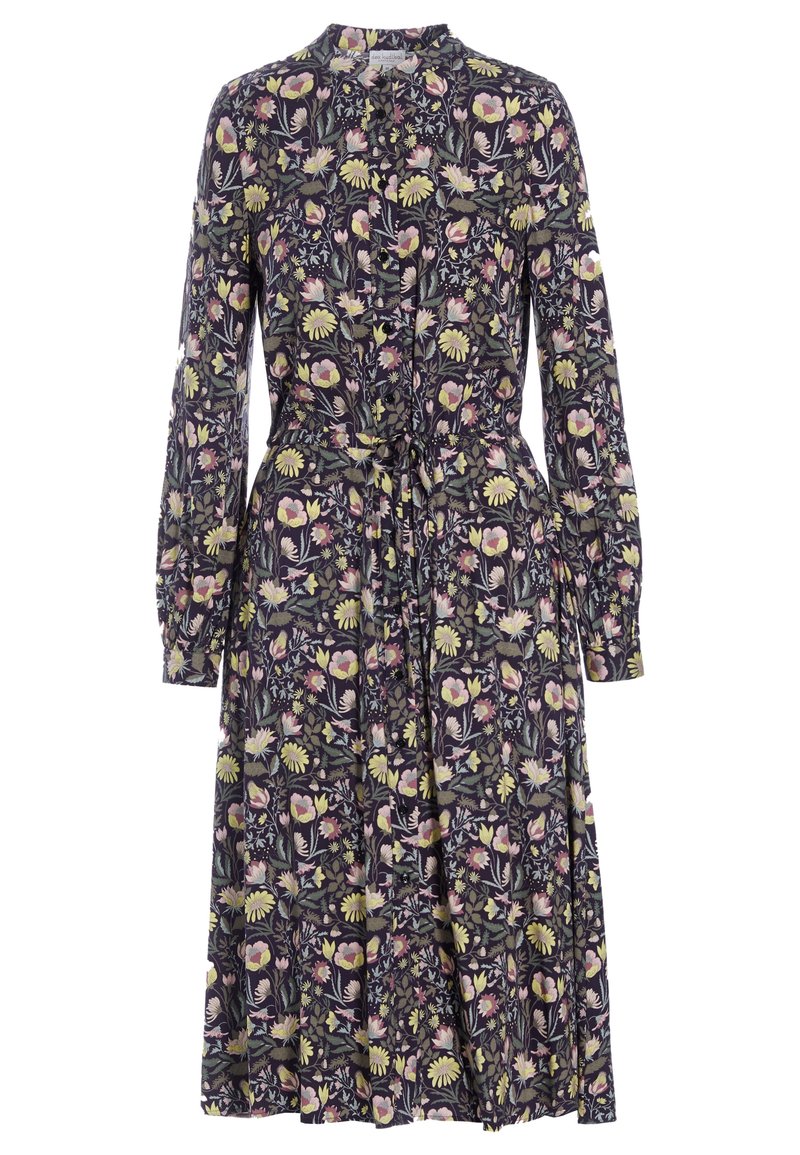 Robe fleurie en tissu violet foncé avec manches longues, patte de boutonnage à l'avant, taille ajustable par un lien, et motifs floraux mélangés en rose, jaune et vert.