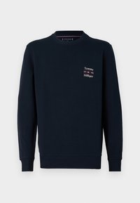 Felpa a maniche lunghe blu navy con collo rotondo, con piccolo logo Tommy Hilfiger e testo "EST. 1985" sul petto sinistro.