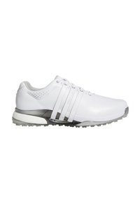 Białe skórzane buty golfowe z szarymi akcentami, z teksturowaną podeszwą, sześcioma otworami na sznurowadła i trzema szerokimi paskami po boku dla wsparcia.