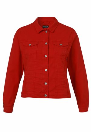 Rote Jeansjacke mit vorderen Knöpfen, zwei Brustklappentaschen mit Knöpfen, langen Ärmeln, Kragen und tailliertem Schnitt.