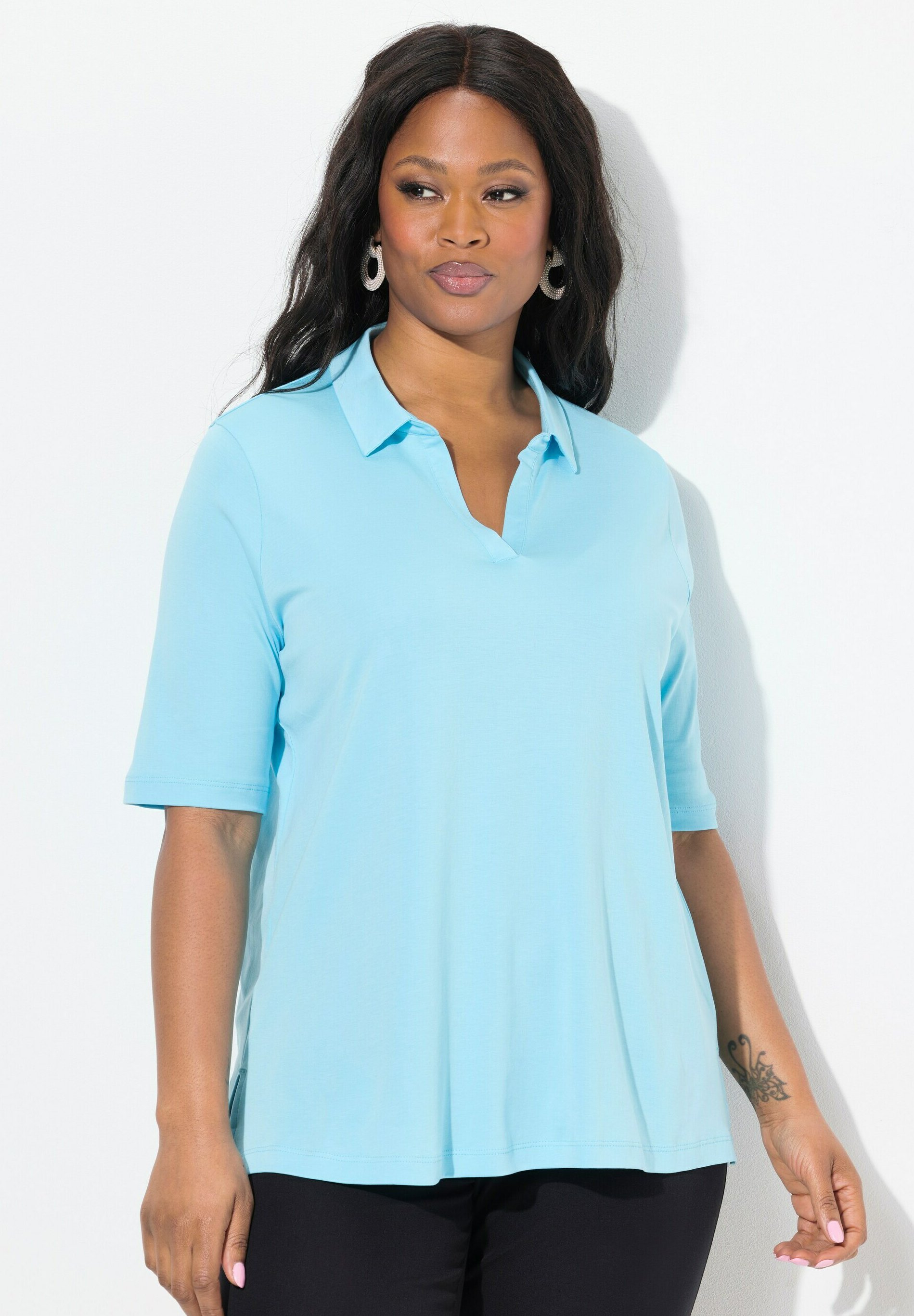 Aqua Blue Ladies Blue Polo Shirt Ulla Popken SHORT SLEEVE Polo