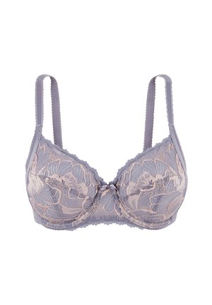 Soutien-gorge à armatures en dentelle lavande douce avec motifs floraux et bretelles réglables.