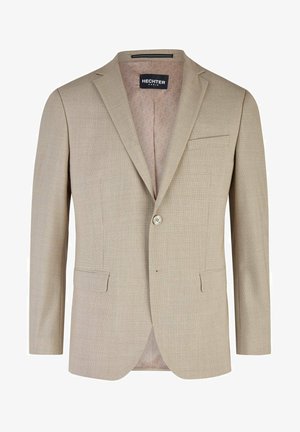 Beiger Blazer mit einem dezenten Karomuster, einem Ein-Knopf-Verschluss, Reverskragen und einer Brusttasche. Das gefütterte Innere weist ein geometrisches Muster auf.