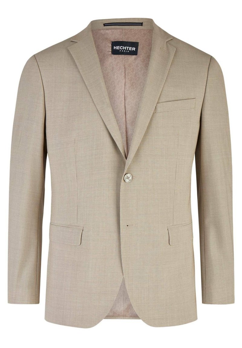 Beige blazer met een subtiele ruitpatroon, enkele knoopsluiting, aangeknipte revers en een borstzak. De gevoerde binnenkant heeft een geometrisch patroon.