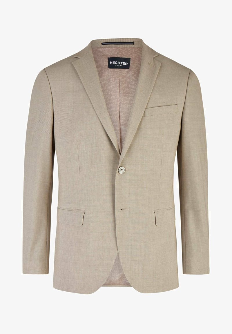 Beżowa marynarka z subtelnym wzorem w kratkę, zapięcie na jeden guzik, klapy oraz kieszeń piersiowa. Podszewka ma wzór geometryczny.