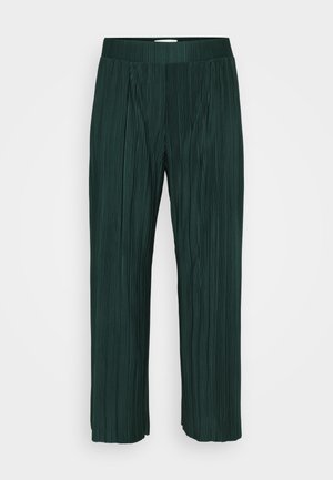 Dark green pleated wide-leg pants with an elastic waistband, displayed against a plain white background.