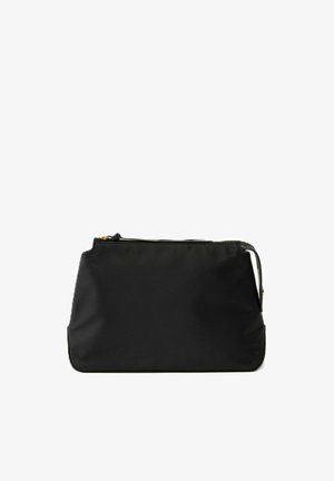 Pochette rectangulaire noire avec fermeture éclair et une fine sangle sur fond blanc.