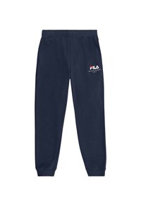 Granatowe dresy bawełniane z elastycznym pasem, bocznymi kieszeniami, ściągaczami i haftowanym logo Fila w kolorze czerwonym i białym po lewej stronie.