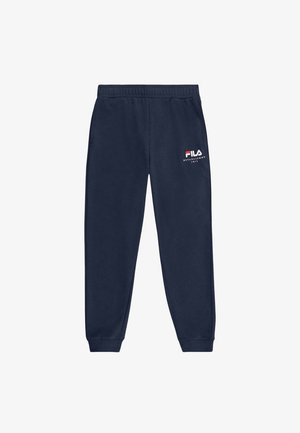 Pantaloni jogging in cotone blu navy con vita elastica, tasche laterali, polsini a coste e logo Fila ricamato rosso e bianco sul lato sinistro.