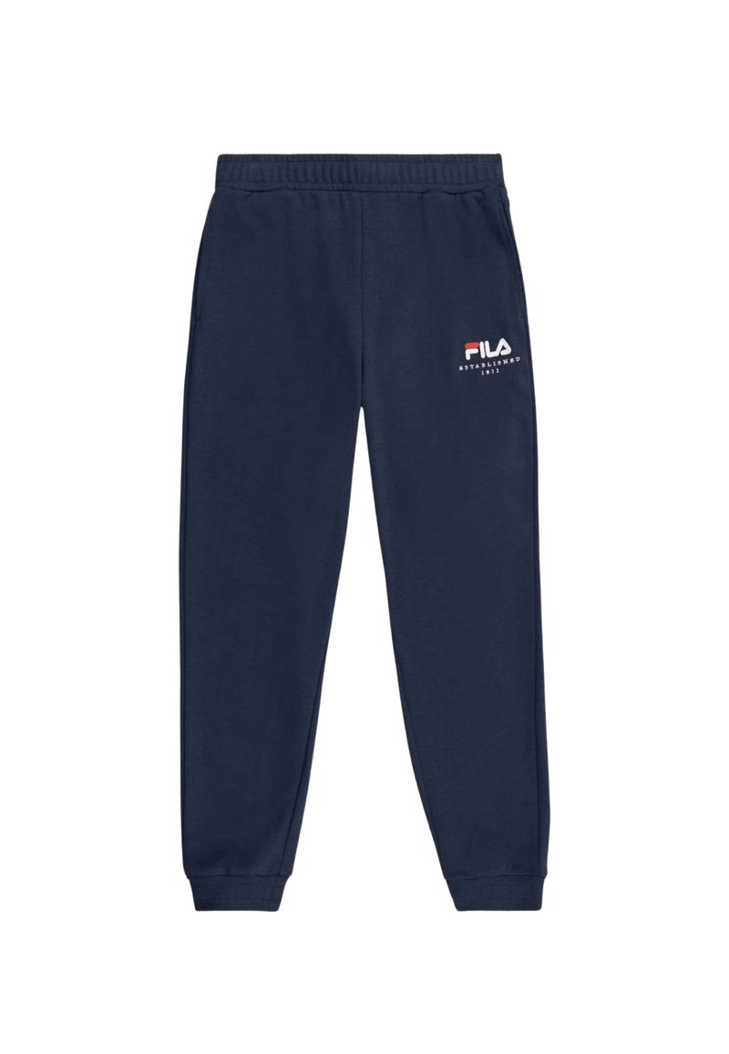 Granatowe dresy bawełniane z elastycznym pasem, bocznymi kieszeniami, ściągaczami i haftowanym logo Fila w kolorze czerwonym i białym po lewej stronie.