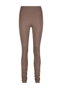 Leggings marron en matière lisse et extensible, dotés d'une taille haute et d'un design froncé aux chevilles, avec un logo subtil en orange.