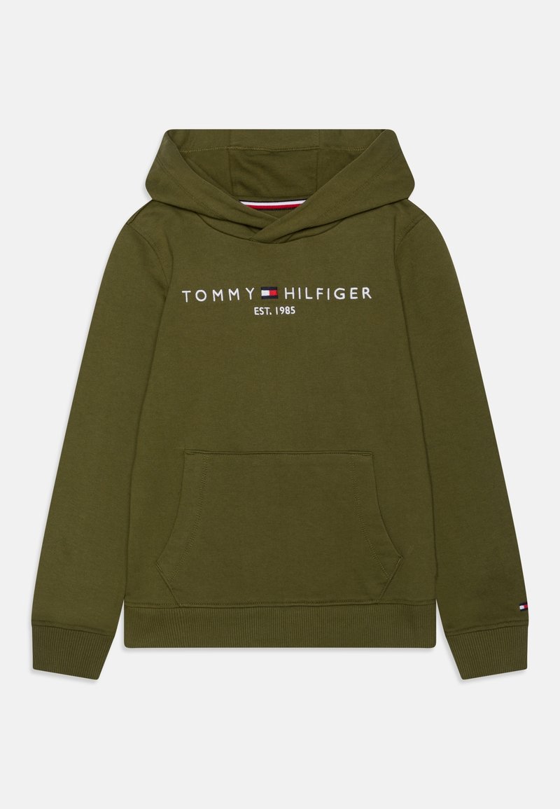 Zielona bluza z kapturem wykonana z miękkiego materiału, z przednią kieszenią, kapturem ze sznurkiem oraz haftowanym logo "TOMMY HILFIGER EST. 1985" w białym kolorze.