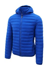 Giacca a puffo blu con cappuccio, caratterizzata da un design a righe orizzontali, zip frontale e tasche laterali. Il materiale sembra liscio e leggero.