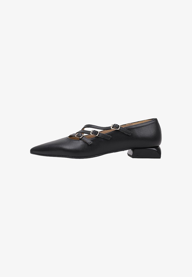 Chaussures Mary Jane noires en cuir avec un bout pointu, dotées de deux brides décoratives avec boucles et d'un petit talon carré.