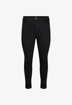 Schwarze Skinny-Jeans aus Denim mit einem klassischen Fünf-Taschen-Design, Reißverschluss und einem Markenlabel am hinteren Bund.