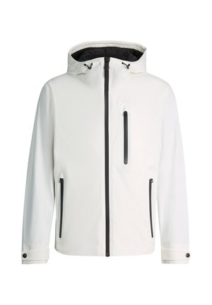 Weiße Kapuzenjacke mit schwarzen Reißverschlüssen auf der Vorderseite der Brust und den Taschen, verstellbaren Bündchen mit schwarzen Knöpfen und Kordelzügen an der Kapuze.