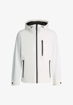 Weiße Kapuzenjacke mit schwarzen Reißverschlüssen auf der Vorderseite der Brust und den Taschen, verstellbaren Bündchen mit schwarzen Knöpfen und Kordelzügen an der Kapuze.