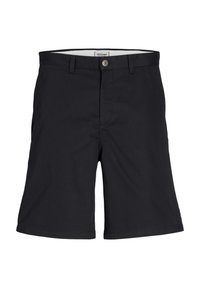 Shorts noirs en tissu doux, avec une fermeture à bouton à l'avant, deux poches latérales et un design épuré et ajusté.