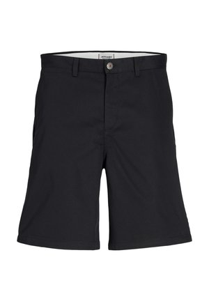 Shorts noirs en tissu doux, avec une fermeture à bouton à l'avant, deux poches latérales et un design épuré et ajusté.