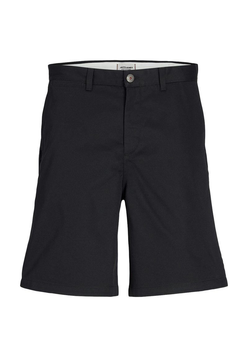 Shorts noirs en tissu doux, avec une fermeture à bouton à l'avant, deux poches latérales et un design épuré et ajusté.