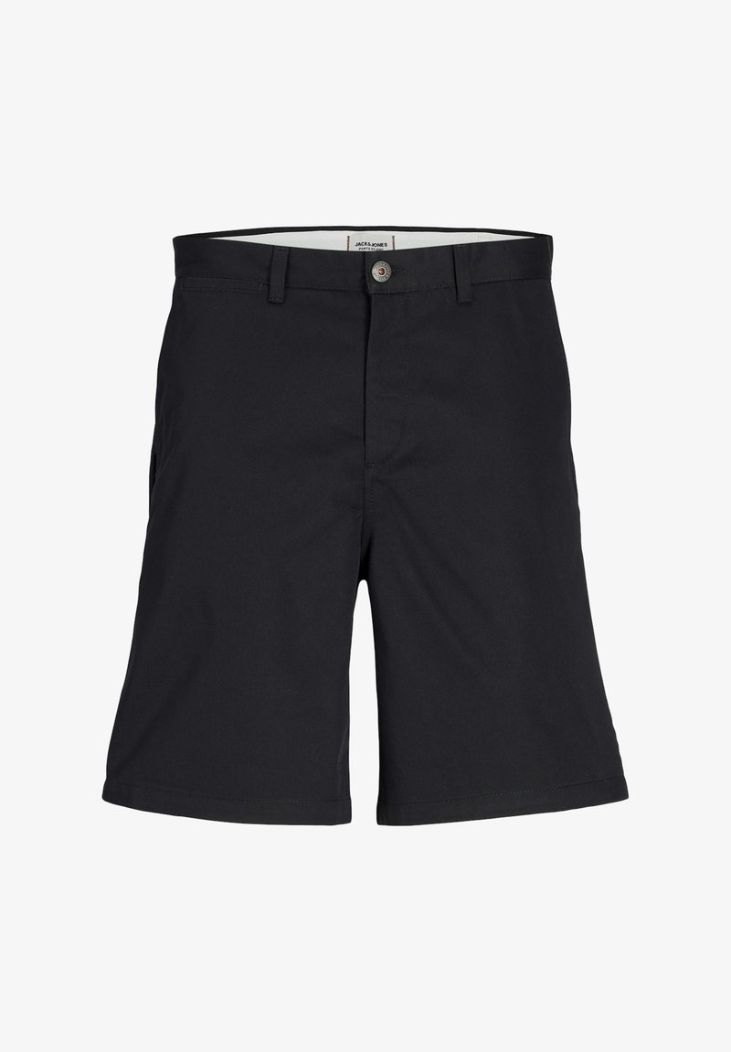 Sorte shorts lavet af blødt stof, med en frontlukning med knap, to sidelommer og et rent, skræddersyet design.
