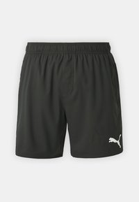 Shorts de sport noirs avec une taille élastique, fabriqués en tissu léger. Présente un logo Puma blanc en bas à droite.