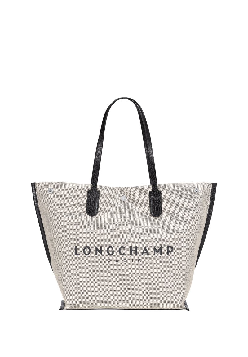 Gray fabric tote bag with black leather handles and accents. Features "LONGCHAMP PARIS" logo printed in bold black letters.