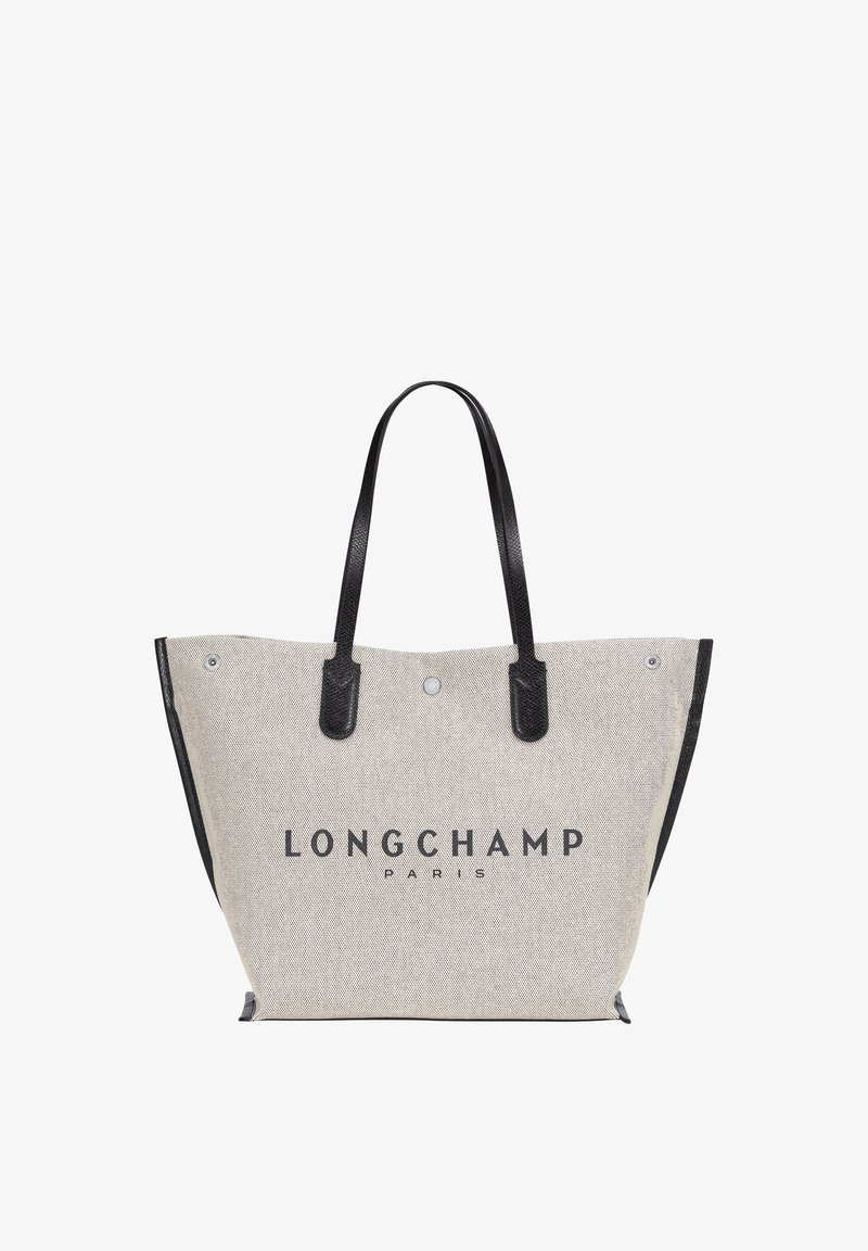 Gray fabric tote bag with black leather handles and accents. Features "LONGCHAMP PARIS" logo printed in bold black letters.