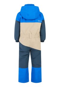 Pongo de nieve infantil en colores azul, beige y marino con bloques de color, capucha, cintura elástica y puños ajustables. Material sintético impermeable.