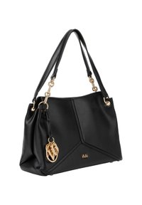 Schwarze Lederhandtasche mit geometrischem Design, goldfarbener Hardware, doppelten Trägern und einem dekorativen Schlüsselanhänger. Glatte Oberfläche.
