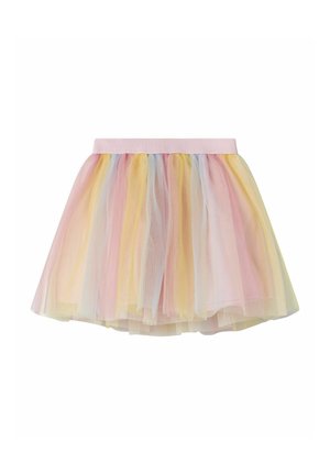 Jupe en tulle multicolore pastel avec une ceinture élastique rose, présentant des couches douces jaune, rose et bleue, affichée sur fond blanc.