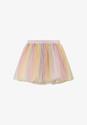 Jupe en tulle multicolore pastel avec une ceinture élastique rose, présentant des couches douces jaune, rose et bleue, affichée sur fond blanc.