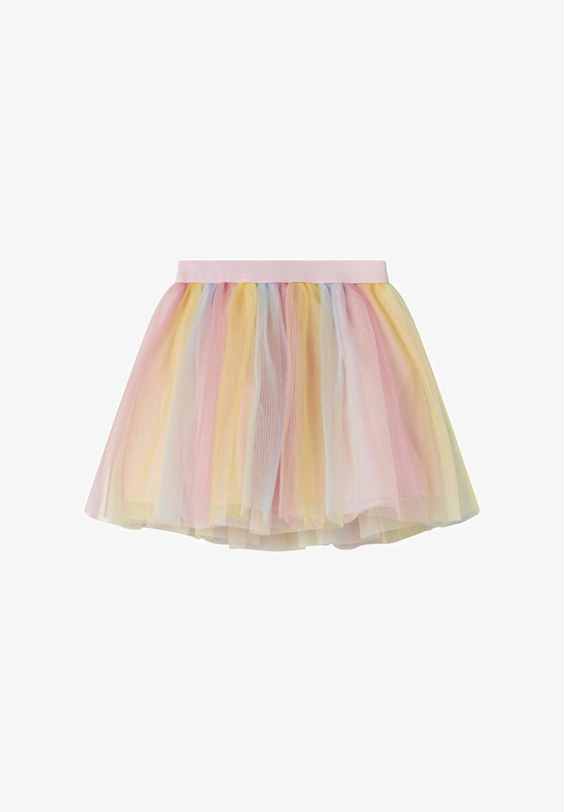 Jupe en tulle multicolore pastel avec une ceinture élastique rose, présentant des couches douces jaune, rose et bleue, affichée sur fond blanc.
