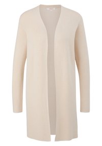 Beige öppen frontkofta gjord av mjukt stickat material, med lång ärm och en slät textur utan knäppningar eller mönster.