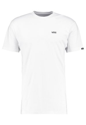 T-shirt bianco a maniche corte in cotone, con un piccolo logo Vans nero sul petto e un'etichetta nera sulla manica sinistra.