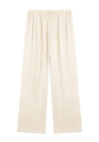 Crème-kleurige wijde broek van gestructureerde stof met een elastische tailleband. Kenmerkt een losse pasvorm en rechte snit, die tot de enkels reikt.