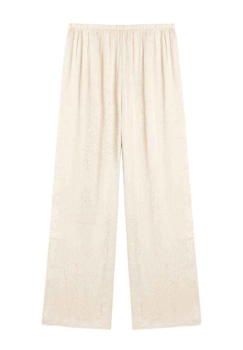 Crème-kleurige wijde broek van gestructureerde stof met een elastische tailleband. Kenmerkt een losse pasvorm en rechte snit, die tot de enkels reikt.