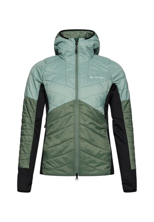 Gefütterte Kapuzenjacke mit einem hellgrünen oberen Teil, einem dunkelgrünen unteren Teil und schwarzen Ärmeln. Mit einem Frontreißverschluss und einem Chevron-Muster.