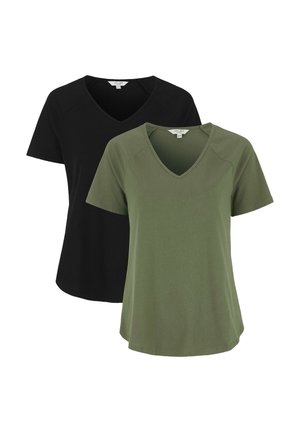 Two short-sleeve t-shirts in black and olive green. V-neck design, made of soft fabric, featuring a relaxed fit and subtle seam detailing.