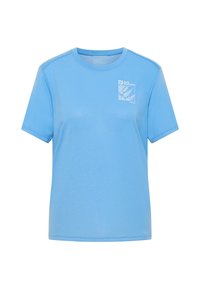 Light blue cotton T-shirt with short sleeves, crew neck, and a white fern pattern on the left chest area. Smooth texture and casual design.