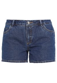 Džínové kraťasy v tmavě modré barvě s klasickým střihem. Mají přední kapsy, zipový poklopec a kovové zapínání na knoflík. Světlé prošití jako akcent.