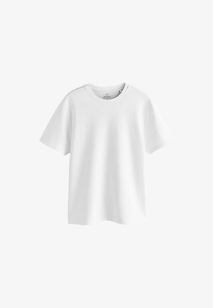 Weißes Baumwoll-T-Shirt mit Rundhalsausschnitt, kurzen Ärmeln und legerer Passform. Ohne sichtbare Logos oder Muster. Glatte Textur.