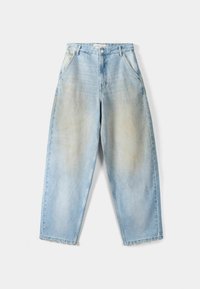 Light blue denim jeans with a relaxed fit, featuring a faded texture and slightly frayed hems. Classic five-pocket design with button closure.