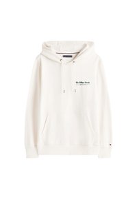 Sudadera blanca con capucha y cordones, bolsillo frontal y pequeño logotipo de texto en el pecho que dice "The Hilfiger Herald."
